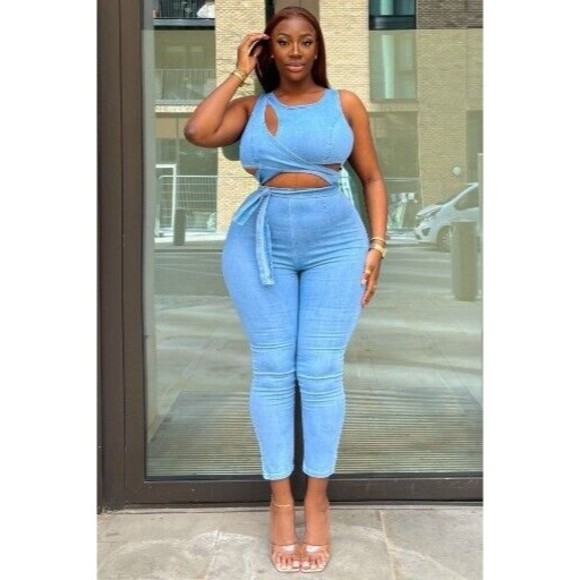 New W Tags Fashion Nova Women's 3XL Cut Out The Haters Light Wash Denim Jumpsuit - Picture 5 of 13